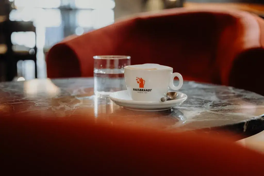 Freshly brewed coffee at Gentle Hide Lounge in Salzburg, served in a stylish cup, accompanied by a cozy ambiance, making it the perfect place to enjoy a warm, aromatic drink.