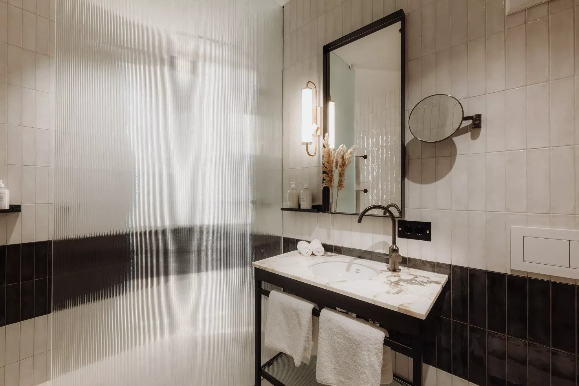 Luxuriate in the bathroom of the garden hideout at Gentle Hide, where elegant design and comfort create a tranquil and rejuvenating retreat.