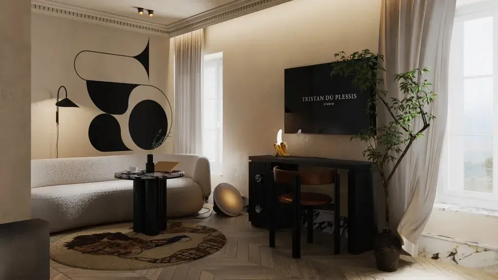 Unwind and stay productive in the lounge and work area of your Gentle Hide Hotel room in Salzburg. Whether you're relaxing after a day of exploration or catching up on work, enjoy the perfect balance of comfort and functionality in this stylish setting.