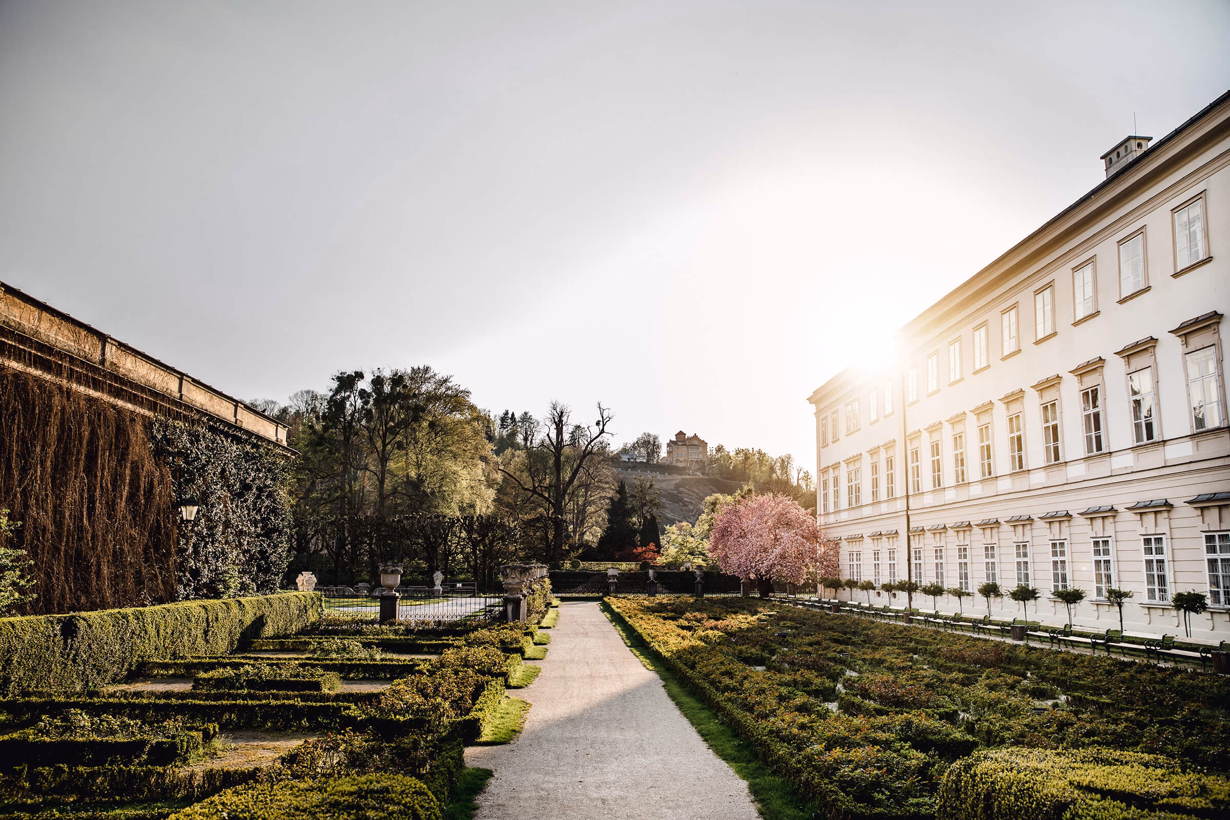 Der Mirabellgarten in Salzburg mit Blick auf den Mönchsberg und die gepflegte Barockanlage.